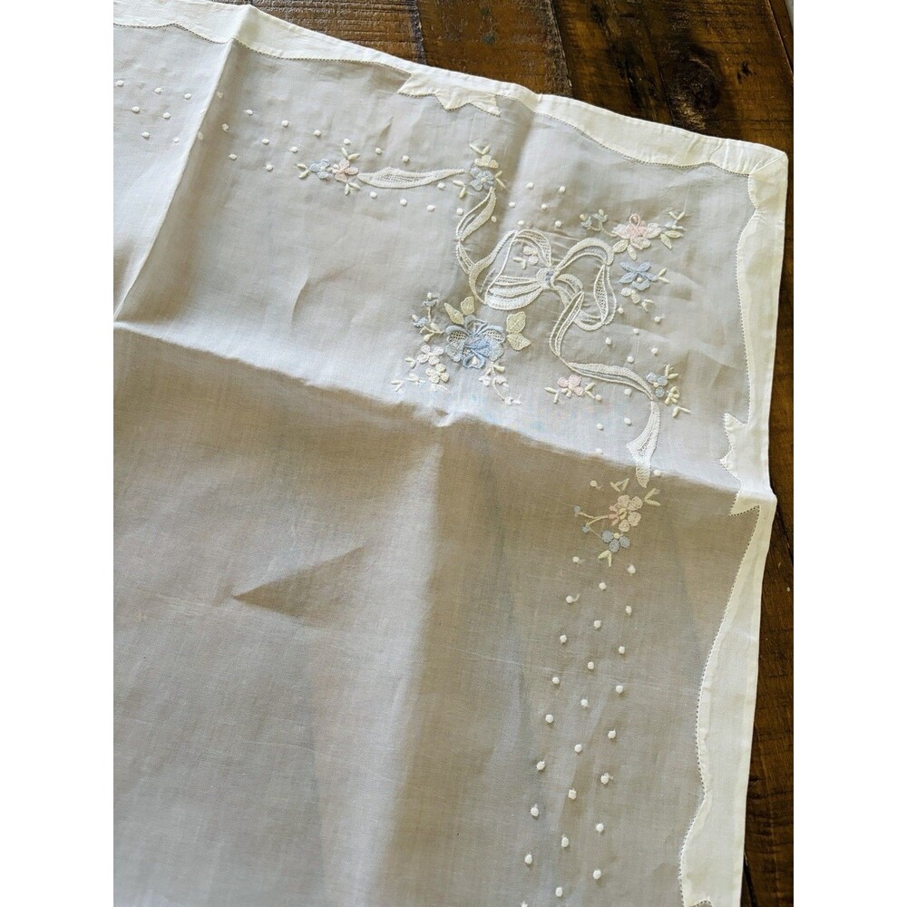 Vintage Embroidered Sheer Linen Tablecloth & 6 Pcs Napkins Set Floral